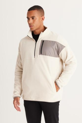 AC&Co / Altınyıldız Classics Men's Beige Oversized Wide-Cut Bato Collar Pocket Detailed With Zipper Cold-Proof Fleece Sweatshirt.