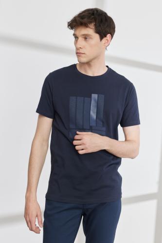 ALTINYILDIZ CLASSICS Men's Navy Blue Slim Fit Slim Fit Crew Neck Short Sleeved Cotton Printed T-Shirt.