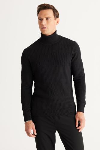 AC&Co / Altınyıldız Classics Men's Black Recycle Standard Fit Regular Cut Full Turtleneck Cotton Jacquard Knitwear Sweater.
