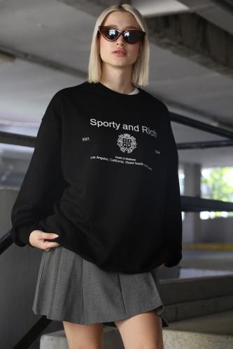 Madmext Women's Black Crew Neck Printed Oversized Sweatshirt