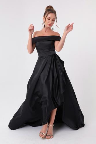 Lafaba Women's Black Bateau Neck Satin Evening & Prom Dress