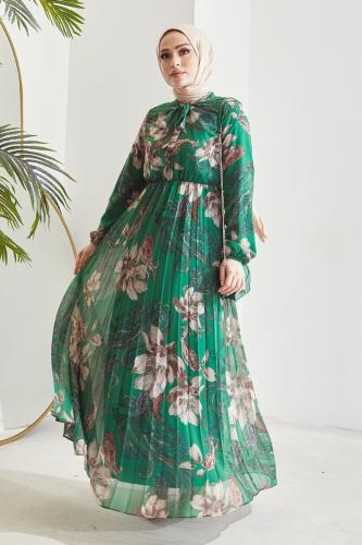 InStyle Serena Floral Print Pleated Chiffon Hijab Dress - Emerald