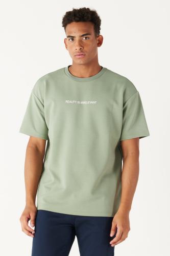 AC&Co / Altınyıldız Classics Men's Stone Green Boxy Fit Crew Neck Short Sleeve Sweatshirt.