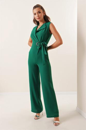 By Saygı Double Breasted Collar Crepe Jumpsuit With Buckle Belt Emerald