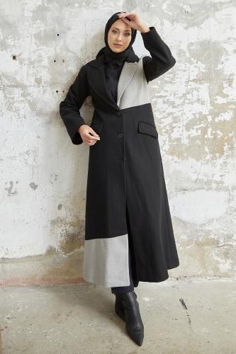 InStyle Ferisa Two Colors Lined Stamp Coat - Black  Gray