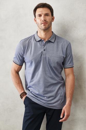 ALTINYILDIZ CLASSICS Men's Non-shrinking Cotton Fabric Regular Fit Wide Cut, Navy Blue Roll-Up Polo Collar with Pockets T-Shirt.