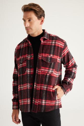 AC&Co / Altınyıldız Classics Men's Red-black Oversized Loose Fit Button-down Collar Check Lumberjack Shirt Jacket.