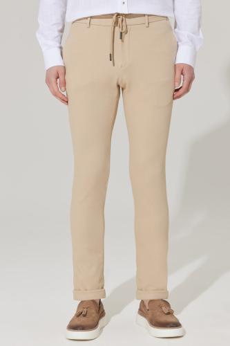ALTINYILDIZ CLASSICS Men's Beige Slim Fit Slim Fit Diagonal Patterned Elastic Tie Waist Jogger Pants