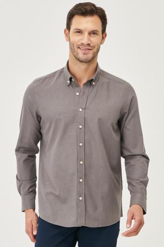 AC&Co / Altınyıldız Classics Men's Anthracite Tailored Slim Fit Oxford Buttoned Collar Linen-Looking 100% Cotton Flared Shirt.