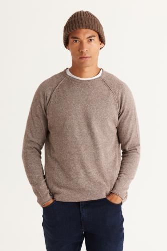 AC&Co / Altınyıldız Classics Men's Brown-Ecru Recycle Standard Fit Regular Cut Crew Neck Cotton Muline Pattern Knitwear Sweater.