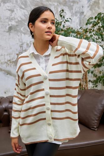 InStyle Navi Stripe Pattern Knitwear Cardigan - Camel