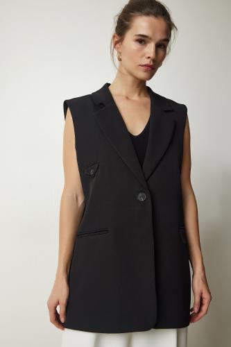 Happiness İstanbul Women's Black Double Breasted Collar Pocket Woven Vest