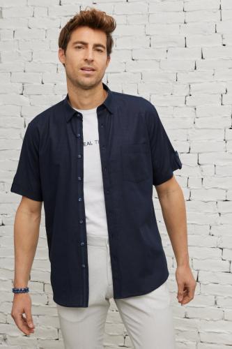 AC&Co / Altınyıldız Classics Men's Navy Blue Comfort Fit Comfy Cut Buttoned Collar Linen-Looking 100% Cotton Short Sleeve Shirt.