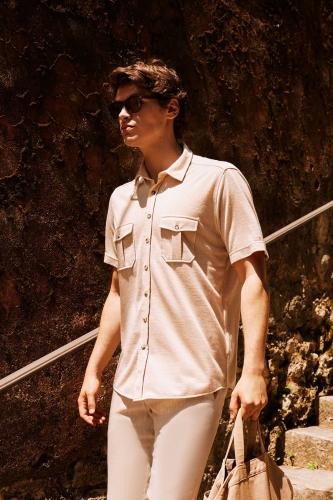 ALTINYILDIZ CLASSICS Men's Beige Slim Fit Slim Fit Hidden Button Collar Cotton Short Sleeve Shirt.