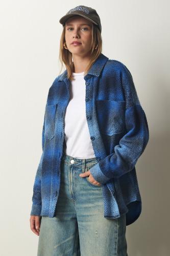 Happiness İstanbul Women's Blue Lumberjack Oversize Cachet Shirt Jacket