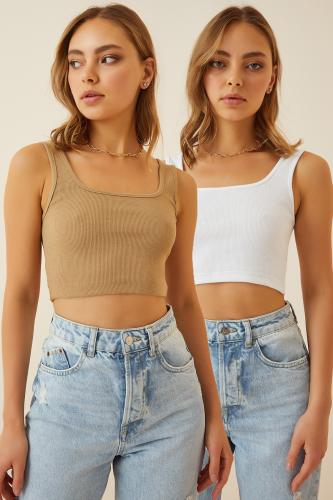 Happiness İstanbul Women's Biscuit White Halter Crop Two Pack Knitted Blouse