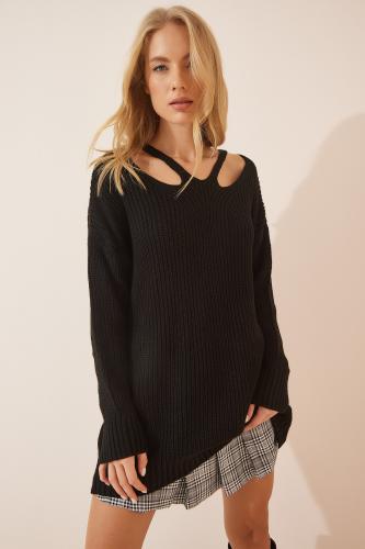 Happiness İstanbul Women's Black Cut Out Detailed Oversized Long Knitwear