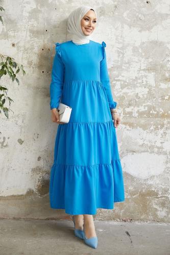 InStyle Lenia Ruffle Shoulder Dress - Blue