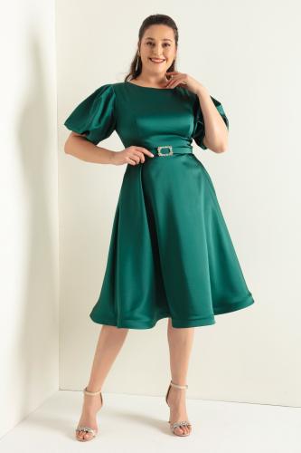 Lafaba Women's Emerald Green Balloon Sleeve Stone Belted Plus Size Satin Evening Dress