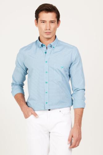 AC&Co / Altınyıldız Classics Men's Navy Blue-Green Slim Fit Slim Fit Button-down Collar with Logo Pocket Striped Cotton Shirt