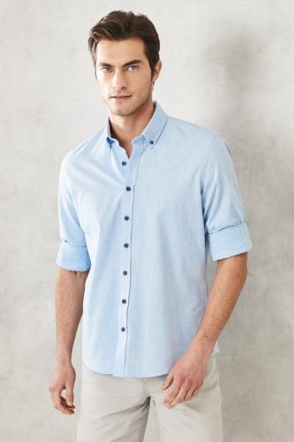 AC&Co / Altınyıldız Classics Men's Light Blue Slim Fit Slim Fit 100% Cotton Dobby Buttoned Collar Casual Shirt.