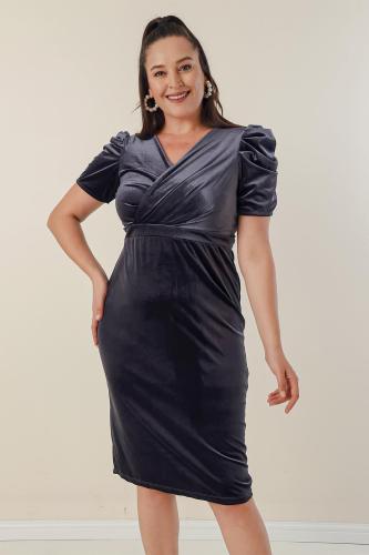 By Saygı Front Back V-Neck Draped Plus Size Corduroy Short Dress with Short Pleated Sleeves.