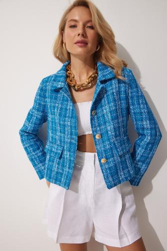 Happiness İstanbul Women's Blue Gold Buttoned Crop Tweed Jacket