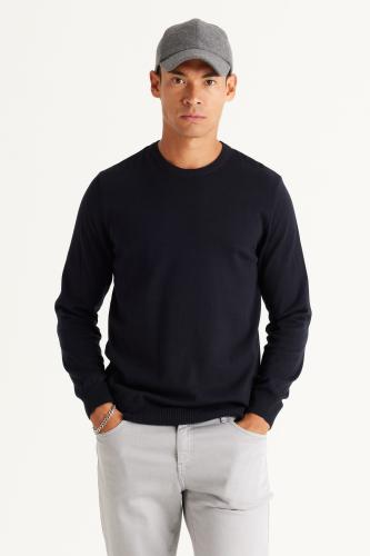 ALTINYILDIZ CLASSICS Men's Navy Blue Standard Fit Normal Cut, Crew Neck Cotton Knitwear Sweater.