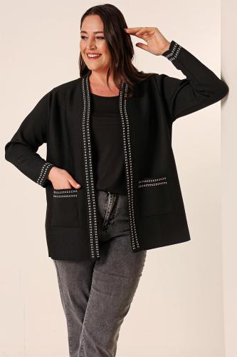 By Saygı Plus Size Knitwear Cardigan with Stripe Detail and Pockets