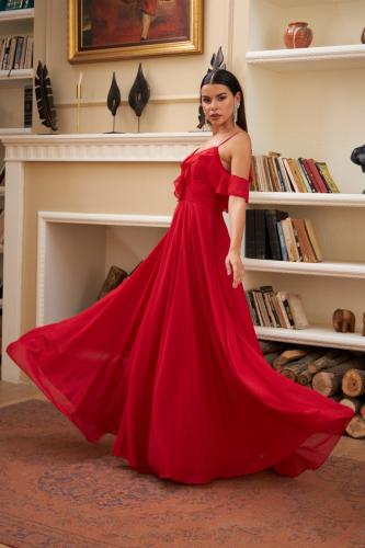 Carmen Red Chiffon Long Evening Dress with Ruffles on the chest.