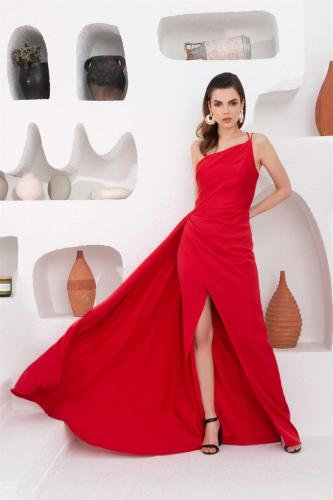 Carmen Red Satin One-Shoulder Long Evening Dress