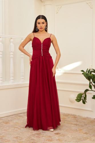 Carmen Burgundy Chiffon Strap Long Evening Dress and Invitation Dress with Stones on the Collar