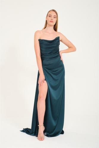 Carmen Emerald Evening Dress with Slit and Ears in Satin.