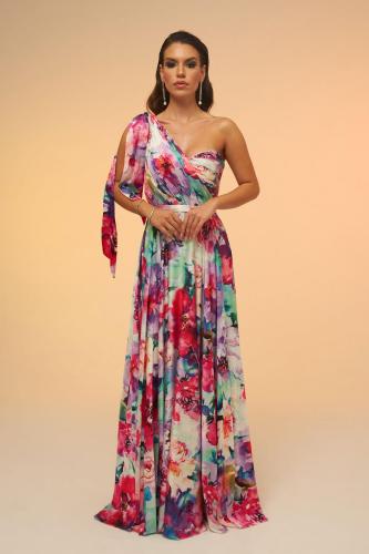 Carmen Fuchsia Printed Single Sleeve Long Evening Dress