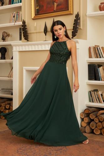 Carmen Emerald Sequined Long Evening Dress with Sequins