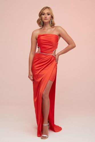 Carmen Orange Satin Strapless Long Evening Dress with Side Slit