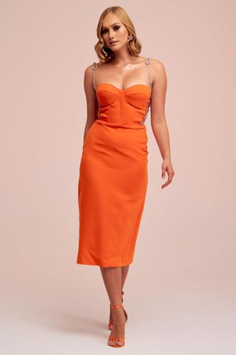 Carmen Orange Stone Tied Midi Crepe Evening Dress