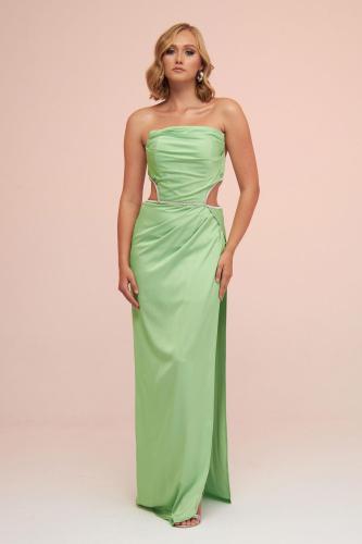 Carmen Pistachio Green Satin Strapless Long Evening Dress with Side Slit