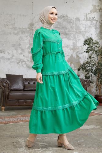 InStyle Guipure Detail Balloon Sleeve Hijab Dress - Green