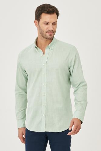AC&Co / Altınyıldız Classics Men's A.Mint Tailored Slim Fit Oxford Buttoned Collar Linen-Looking 100% Cotton Flared Shirt.
