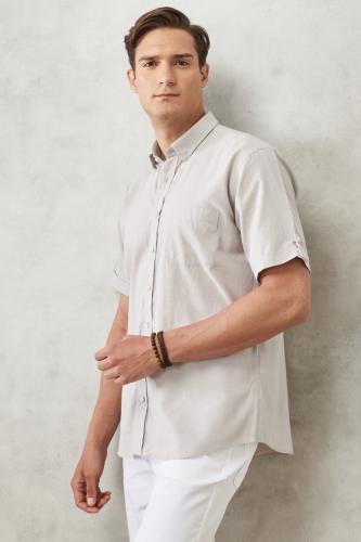AC&Co / Altınyıldız Classics Men's Gray Comfort Fit Slim Fit Buttoned Collar Linen Look 100% Cotton Flared Short Sleeve Shirt.