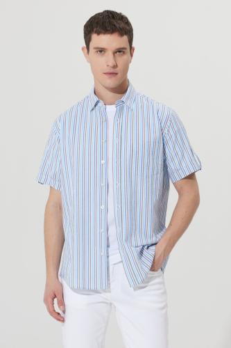 AC&Co / Altınyıldız Classics Men's White-blue Comfort Fit Comfy Cut. Hidden Button Collar Cotton Striped Shirt.
