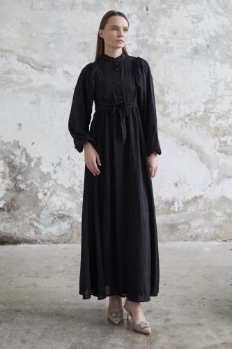 InStyle Self Belted Patterned Dress - Black