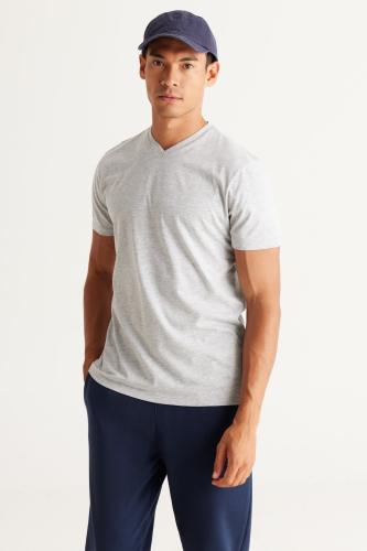 AC&Co / Altınyıldız Classics Men's Gray Melange Cotton Slim Fit Narrow Cut V-Neck Short Sleeve T-Shirt