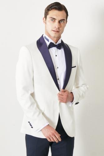 ALTINYILDIZ CLASSICS Men's White-navy Blue Slim Fit Slim Fit Slim Fit Mono Collar Patterned Classic Tuxedo Suit.