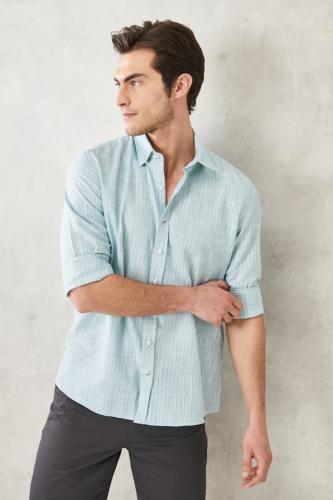AC&Co / Altınyıldız Classics Men's Green Slim Fit Slim Fit Shirt with Hidden Buttons Collar Linen-Looking 100% Cotton Flared Shirt.