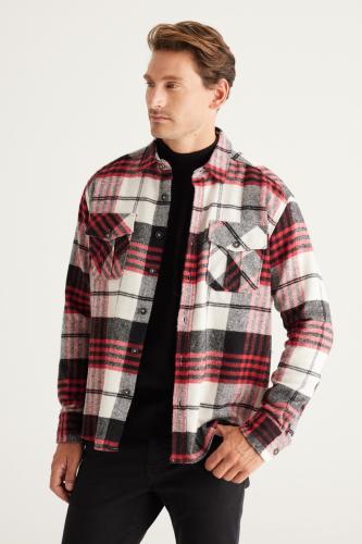 ALTINYILDIZ CLASSICS Men's Red-black Oversize Loose Cut Classic Collar Plaid Patterned Flannel Lumberjack Shirt