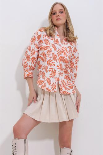 Trend Alaçatı Stili Women's Orange Leaf Patterned Balloon Sleeve Hidden Placket Linen Shirt
