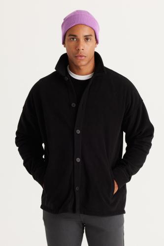 AC&Co / Altınyıldız Classics Men's Black Oversize Wide Cut Classic Collar Anti-Pilling Winter Comfortable Fleece Shirt