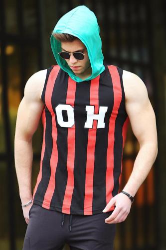 Madmext Striped Printed Hooded Singlet 4024 Claret Red